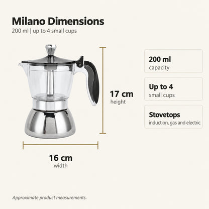 Milano Induction Moka Pot – 200 ml, Clear Chamber – dimensions and specifications