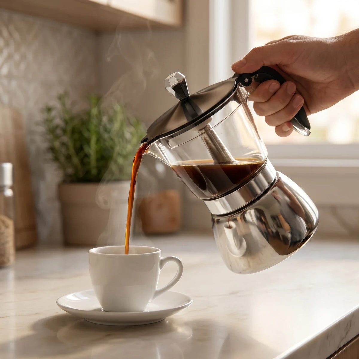 Milano Induction Moka Pot – 200 ml, Clear Chamber – in use