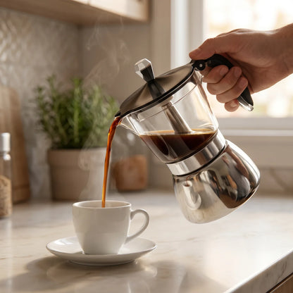 Milano Induction Moka Pot – 200 ml, Clear Chamber – in use
