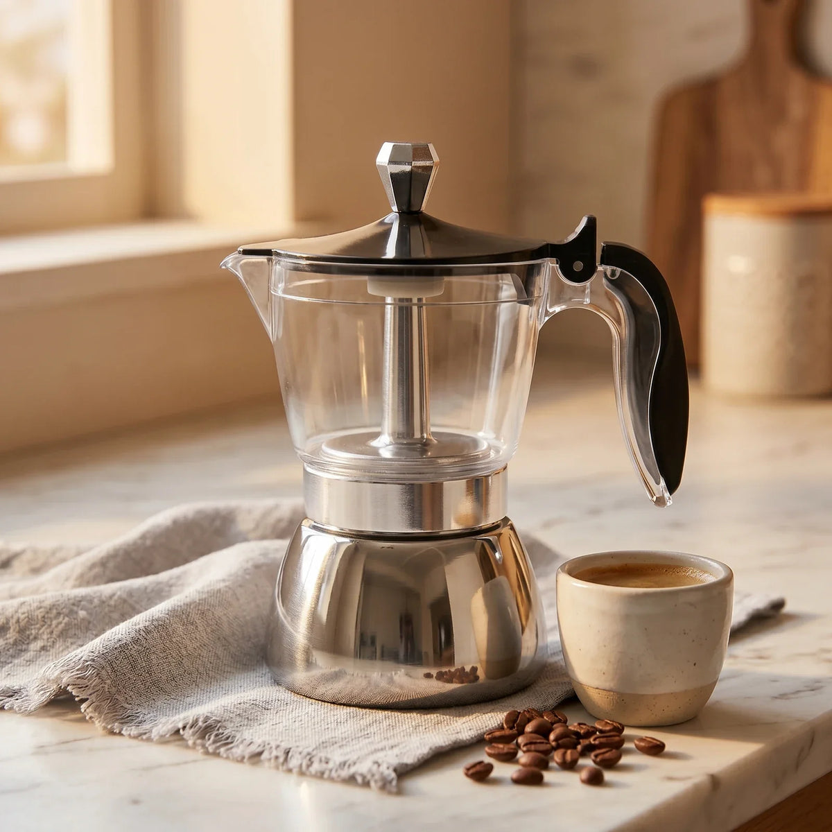 Milano Induction Moka Pot – 200 ml, Clear Chamber – in a lifestyle setting