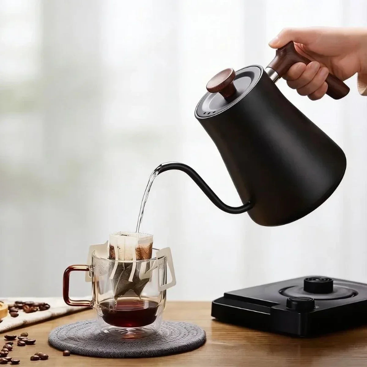 Milano Electric Gooseneck Kettle – Black, Temperature Control – in use