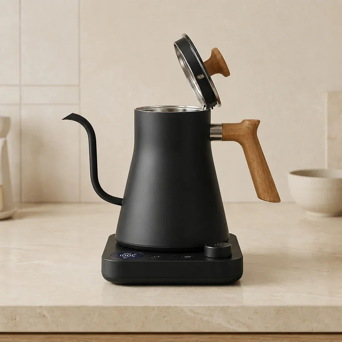 Milano Electric Gooseneck Kettle – Black, Temperature Control – in a lifestyle setting