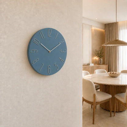Bellagio Blue 30cm modern wall clock, on a dining room wall