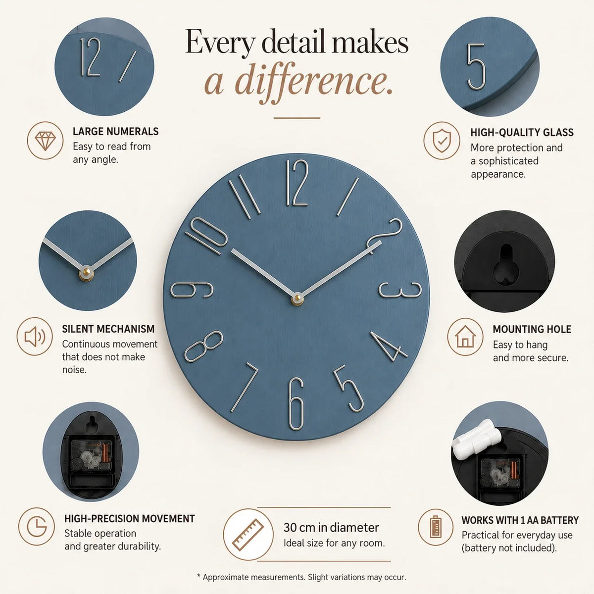 Bellagio Blue 30cm modern wall clock, features graphic: large numerals, silent movement, hanging hole and one AA battery