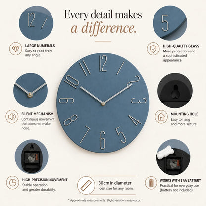 Bellagio Blue 30cm modern wall clock, features graphic: large numerals, silent movement, hanging hole and one AA battery