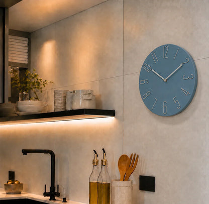Bellagio Blue 30cm modern wall clock, in a kitchen