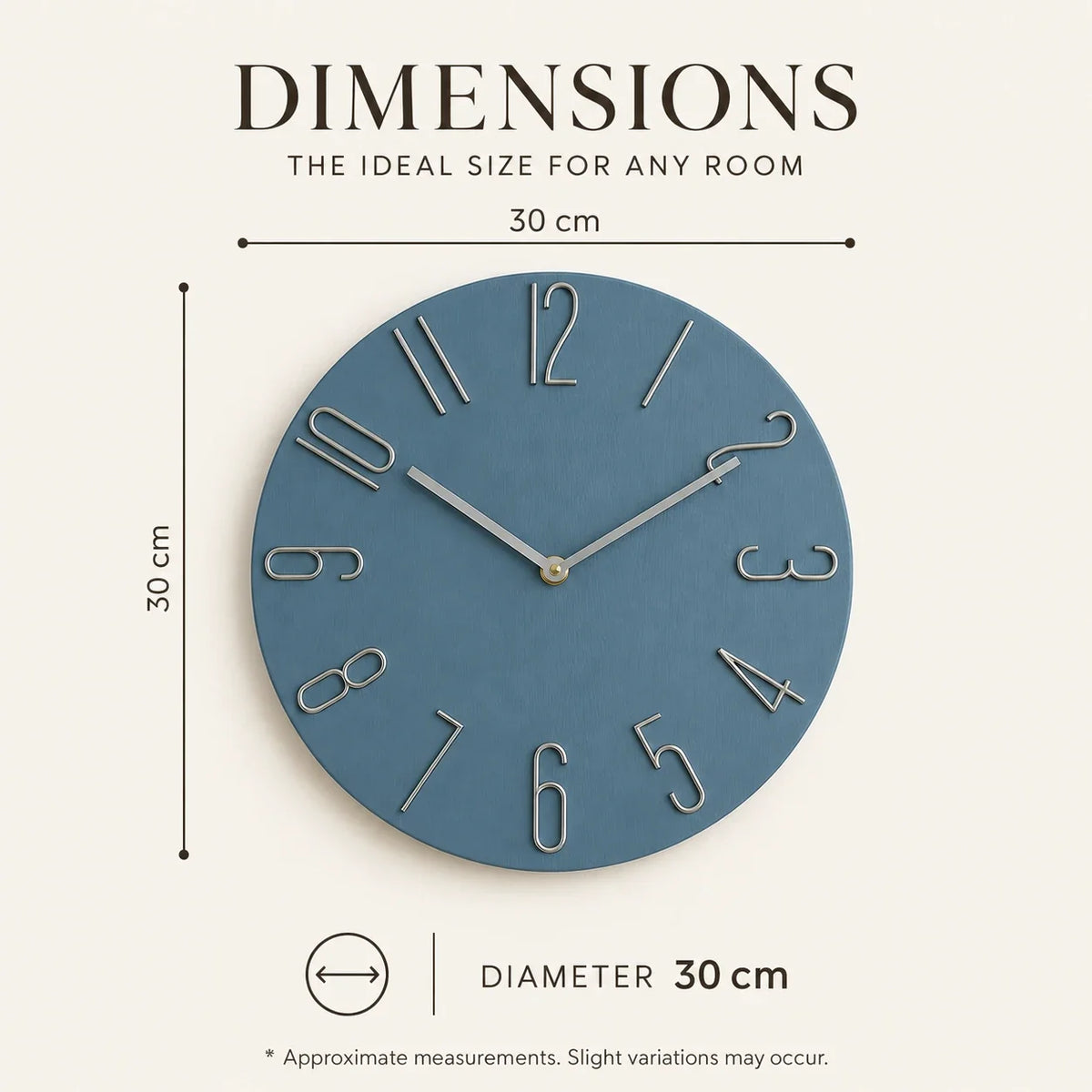 Bellagio Blue 30cm modern wall clock, size guide, 30 cm diameter