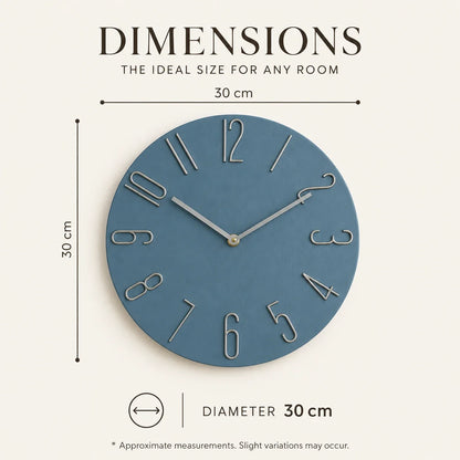 Bellagio Blue 30cm modern wall clock, size guide, 30 cm diameter