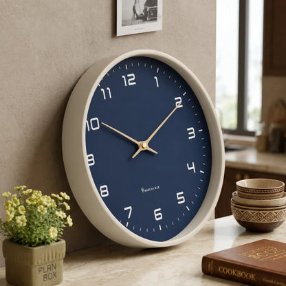 Lorenzzo Blue Night 25cm modern wall clock, angled view on the wall
