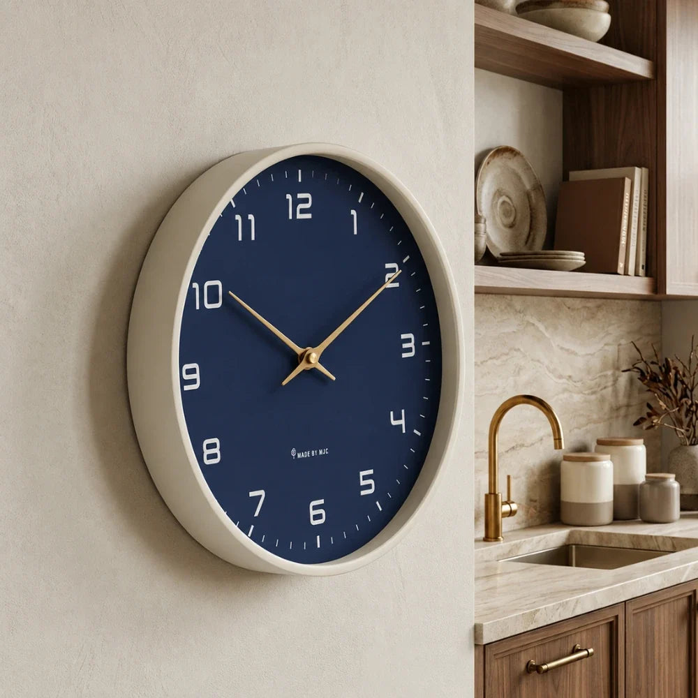Lorenzzo Blue Night 25cm modern wall clock, angled view on the wall