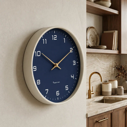 Lorenzzo Blue Night 25cm modern wall clock, angled view on the wall