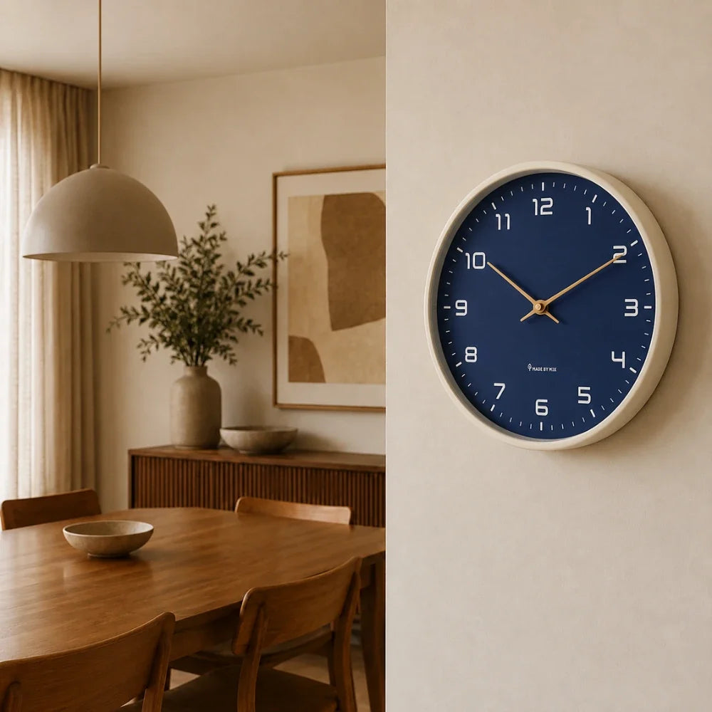 Lorenzzo Blue Night 25cm modern wall clock, on a dining room wall