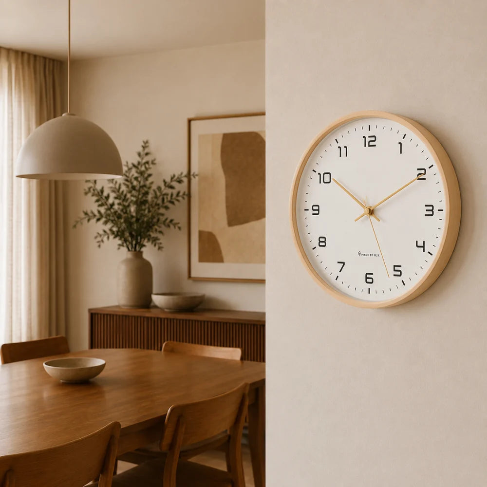 Lorenzzo White & Gold 25cm modern wall clock, on a dining room wall