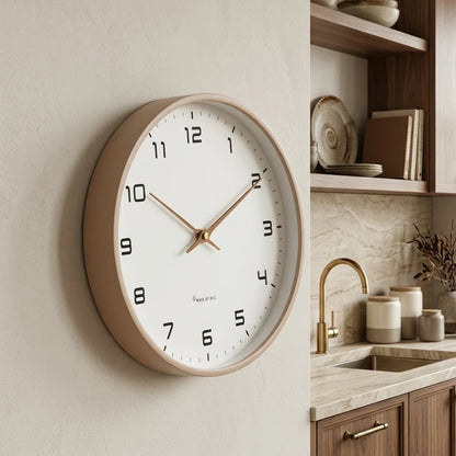 Lorenzzo Wood 25cm modern wall clock, angled view on the wall