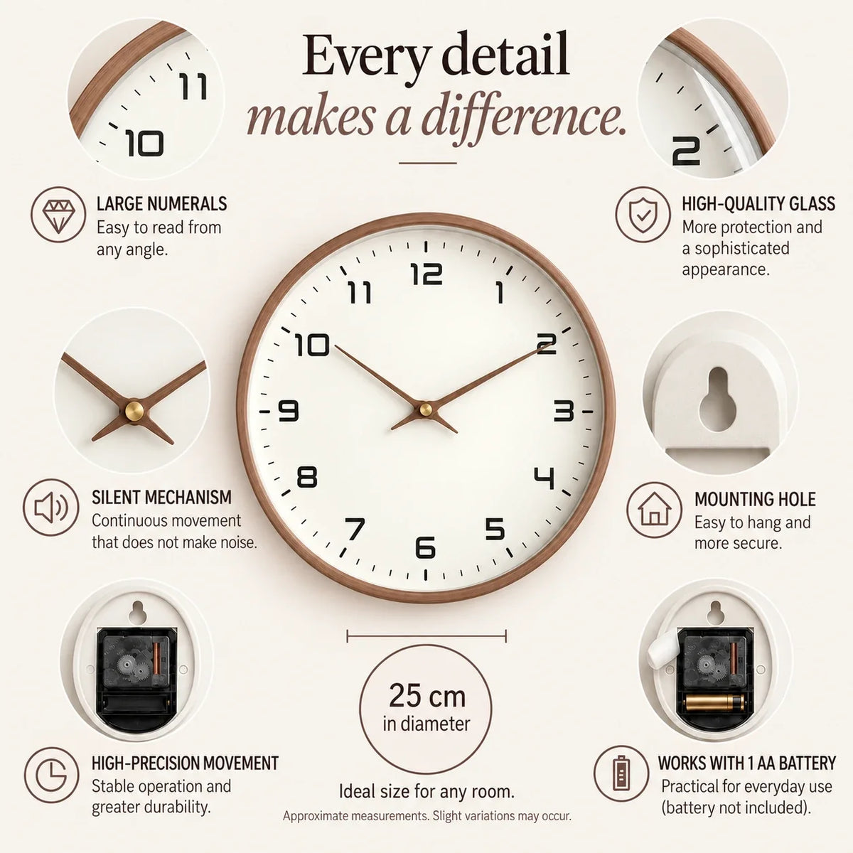 Lorenzzo Wood 25cm modern wall clock, features graphic: large numerals, silent movement, hanging hole and one AA battery