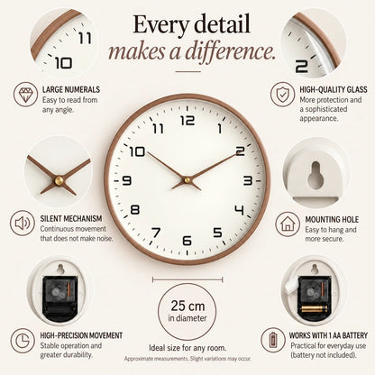 Lorenzzo Wood 25cm modern wall clock, features graphic: large numerals, silent movement, hanging hole and one AA battery