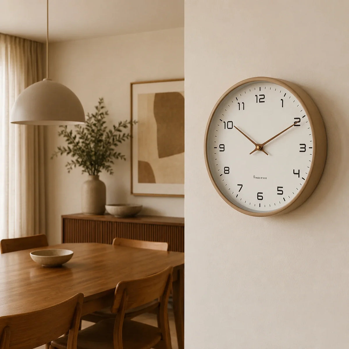 Lorenzzo Wood 25cm modern wall clock, in a kitchen