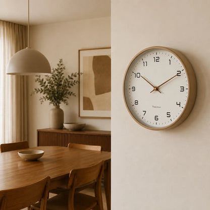 Lorenzzo Wood 25cm modern wall clock, in a kitchen