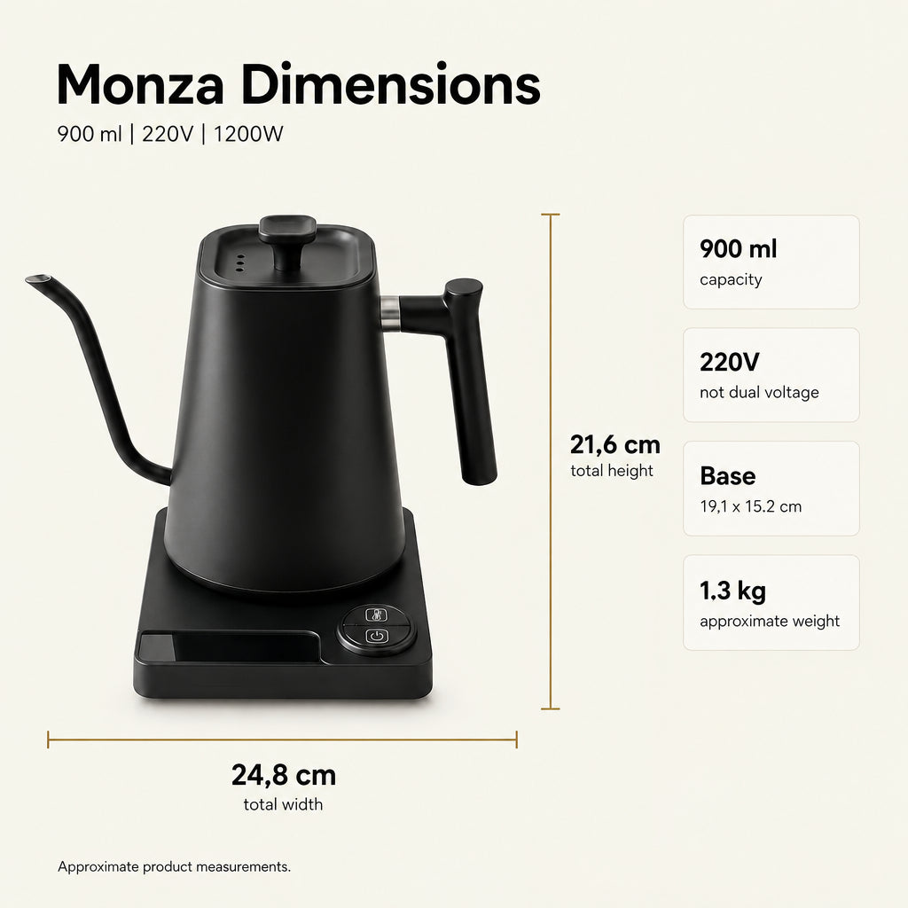 Monza Electric Gooseneck Kettle – 900 ml, Matte Black – dimensions and specifications