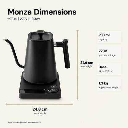 Monza Electric Gooseneck Kettle – 900 ml, Matte Black – dimensions and specifications
