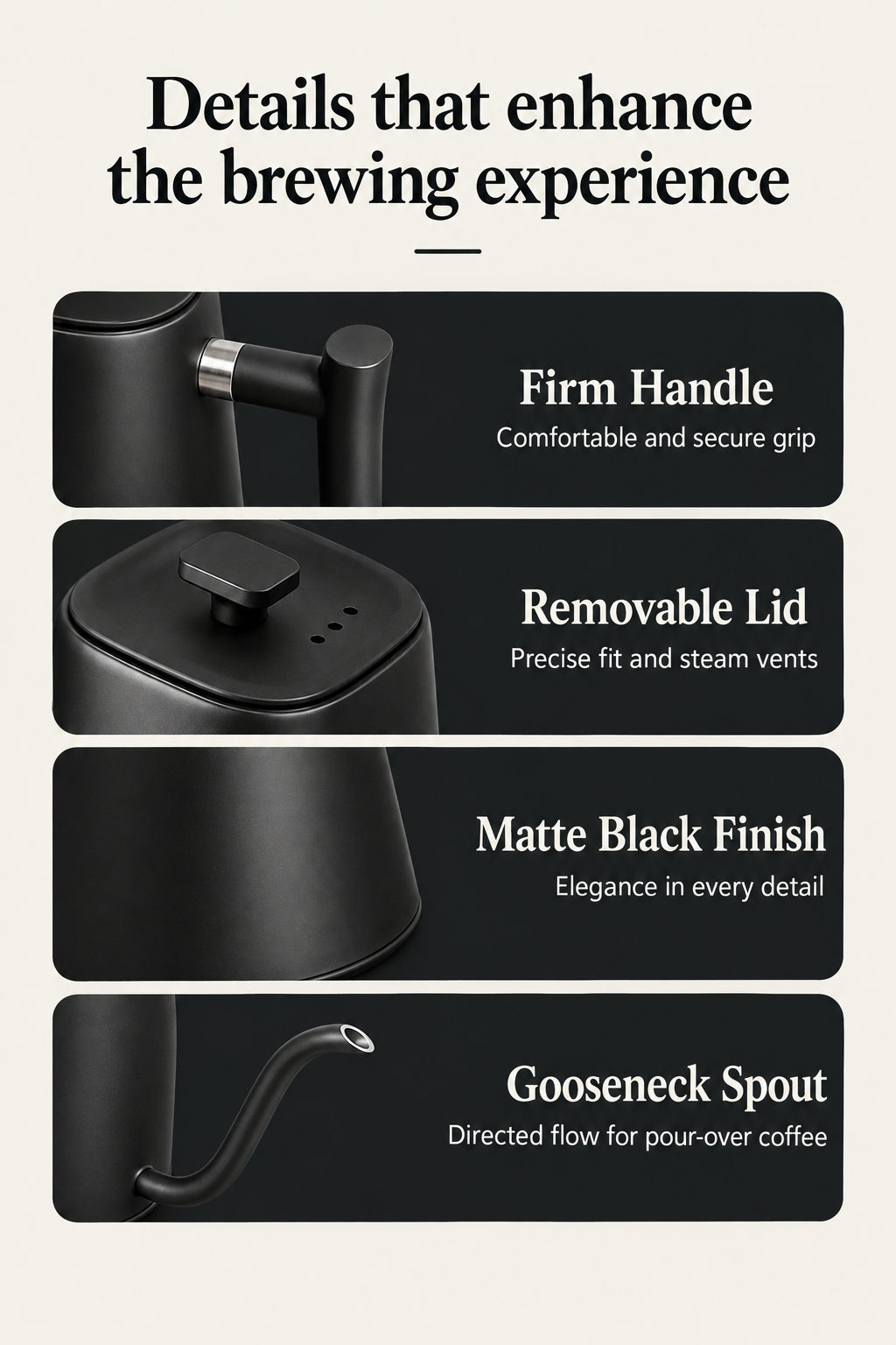 Monza Electric Gooseneck Kettle – 900 ml, Matte Black – feature detail