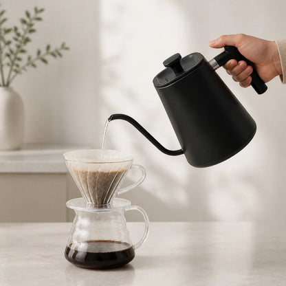 Monza Electric Gooseneck Kettle – 900 ml, Matte Black – in use