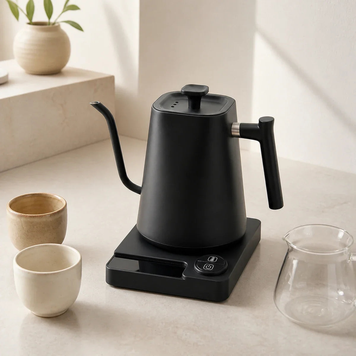 Monza Electric Gooseneck Kettle – 900 ml, Matte Black – in a lifestyle setting