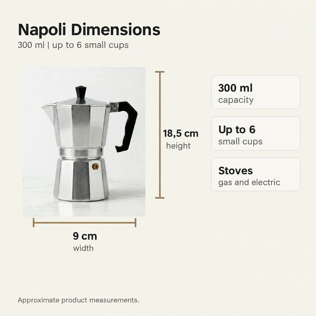 Napoli Stovetop Espresso Maker – 300 ml Aluminium Moka Pot – dimensions and specifications