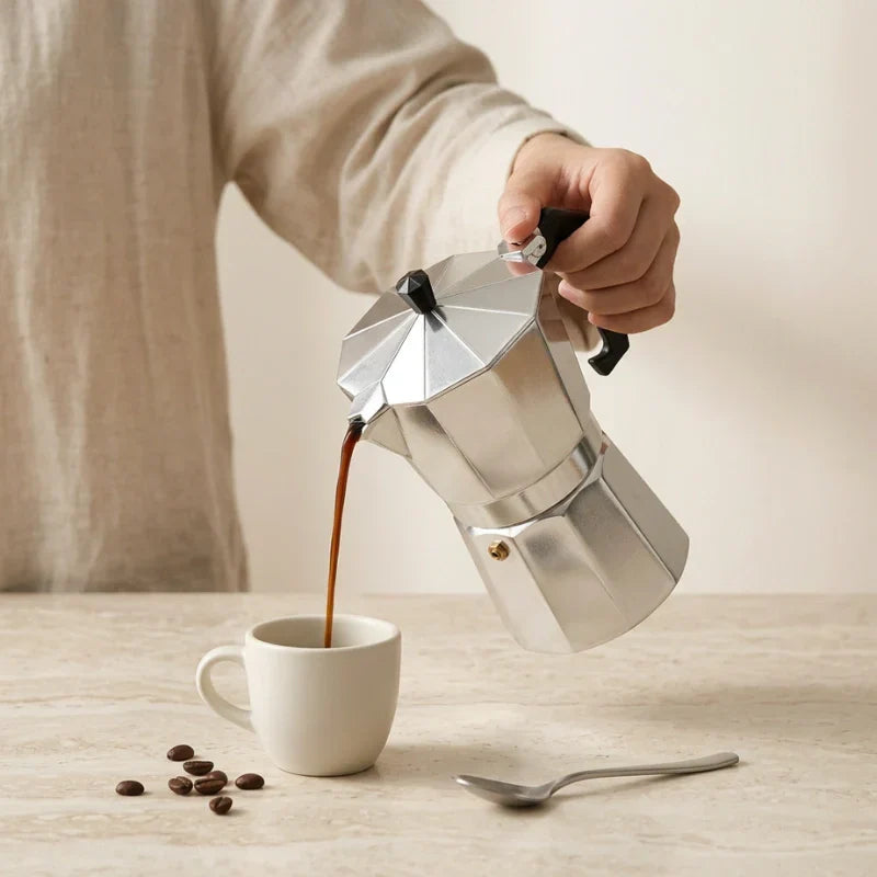 Napoli Stovetop Espresso Maker – 300 ml Aluminium Moka Pot – in use