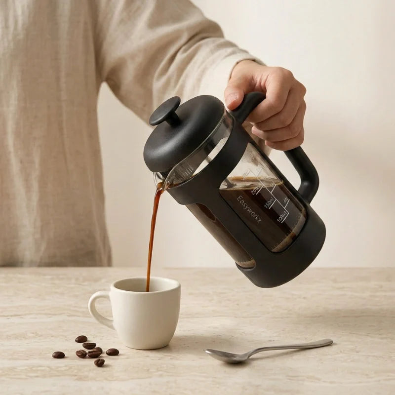 Nice Glass French Press Cafetière – 350 ml or 1 L – in use
