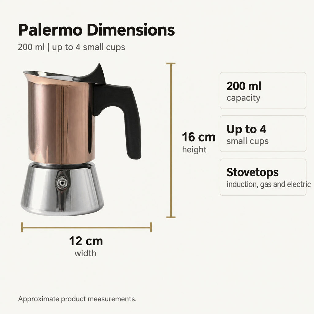 Palermo Induction Moka Pot – Copper Finish, 200 ml – dimensions and specifications