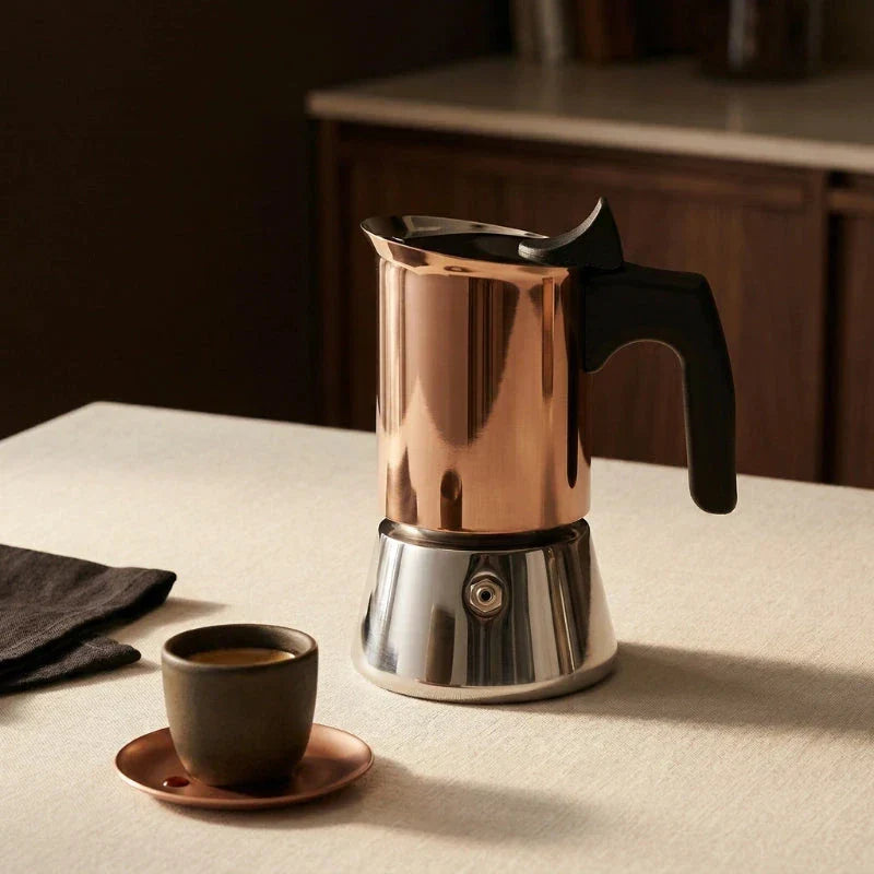 Palermo Induction Moka Pot – Copper Finish, 200 ml – in a lifestyle setting