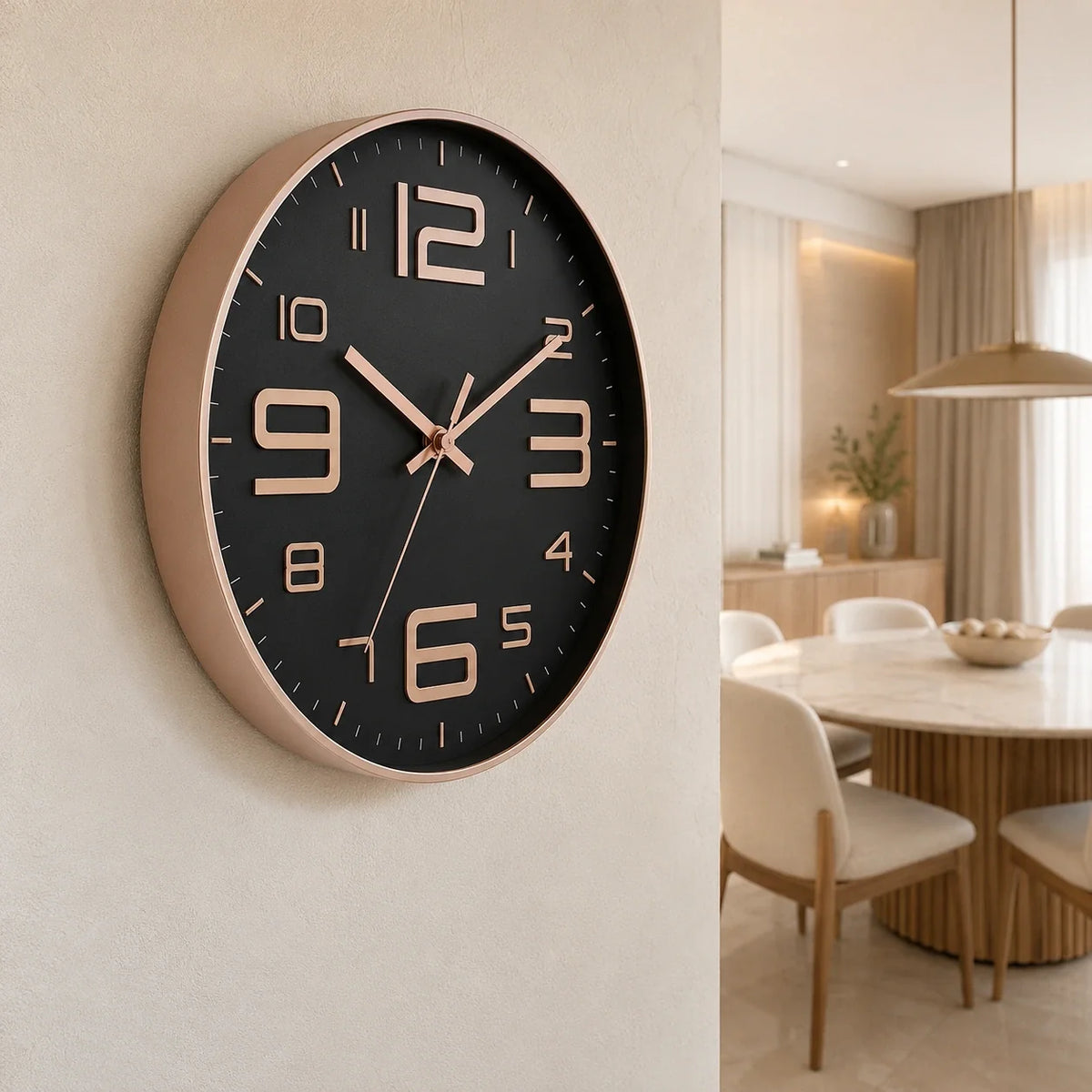 Aurelio Rose & Black 30cm pink wall clock, on a dining room wall