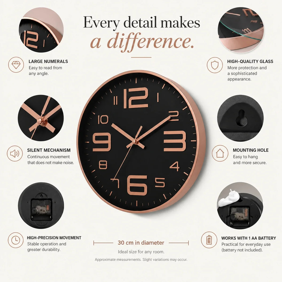 Aurelio Rose & Black 30cm pink wall clock, features graphic: large numerals, silent movement, hanging hole and one AA battery