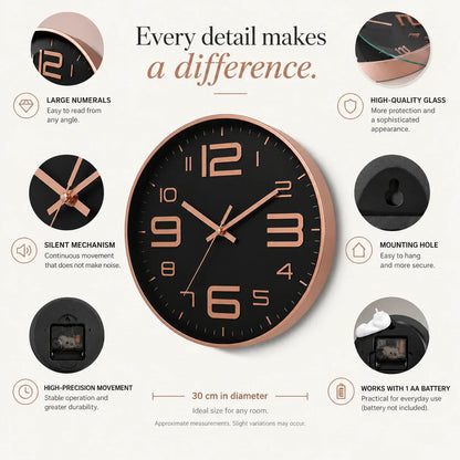 Aurelio Rose & Black 30cm pink wall clock, features graphic: large numerals, silent movement, hanging hole and one AA battery