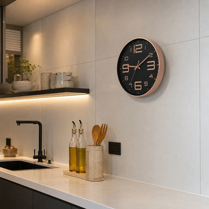 Aurelio Rose & Black 30cm pink wall clock, in a kitchen