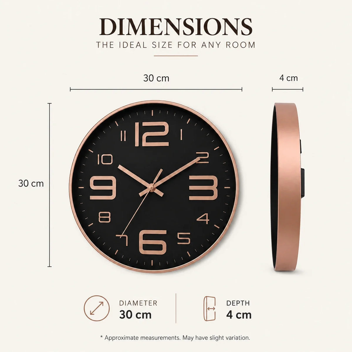 Aurelio Rose & Black 30cm pink wall clock, size guide, 30 cm diameter