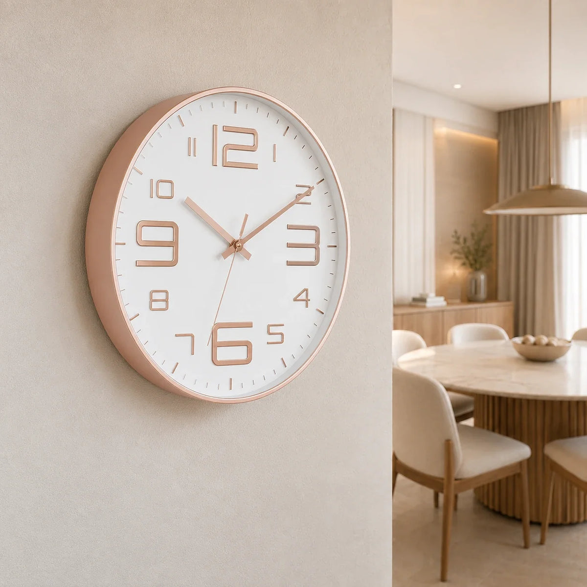 Aurelio Rose & White 30cm pink wall clock, on a dining room wall