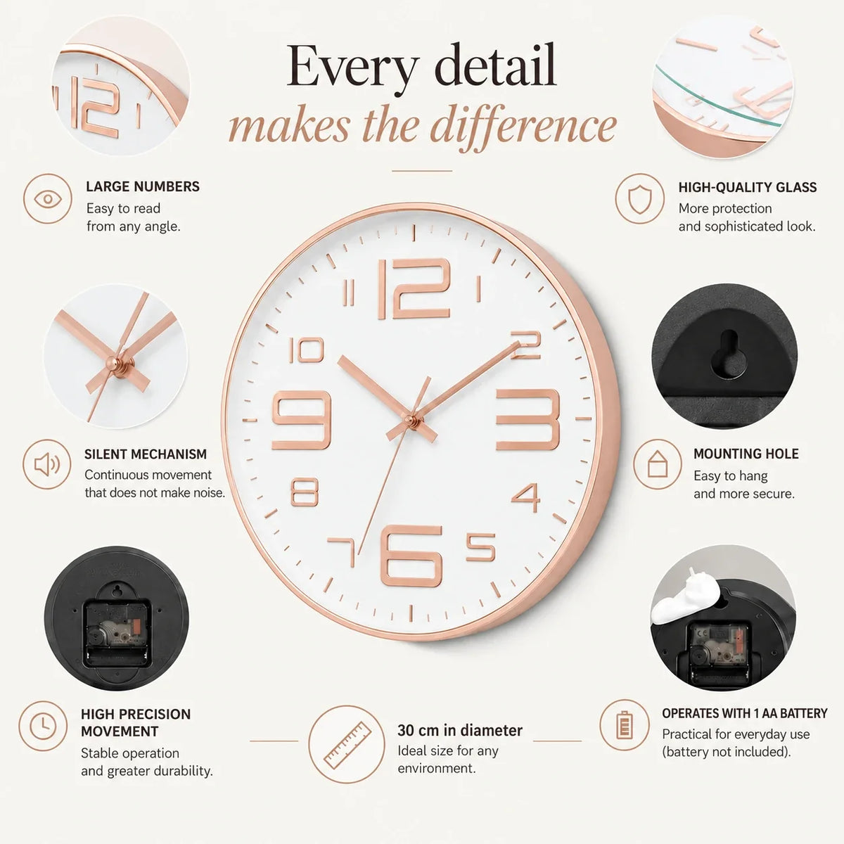Aurelio Rose & White 30cm pink wall clock, features graphic: large numerals, silent movement, hanging hole and one AA battery