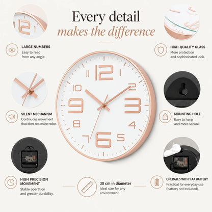 Aurelio Rose & White 30cm pink wall clock, features graphic: large numerals, silent movement, hanging hole and one AA battery