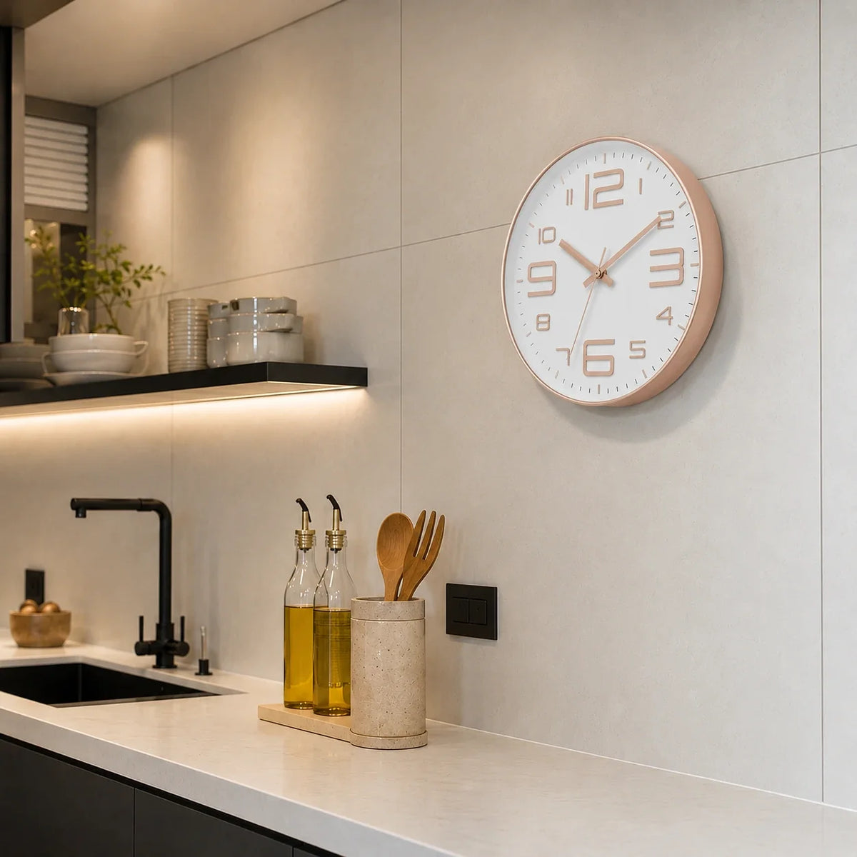 Aurelio Rose & White 30cm pink wall clock, in a kitchen