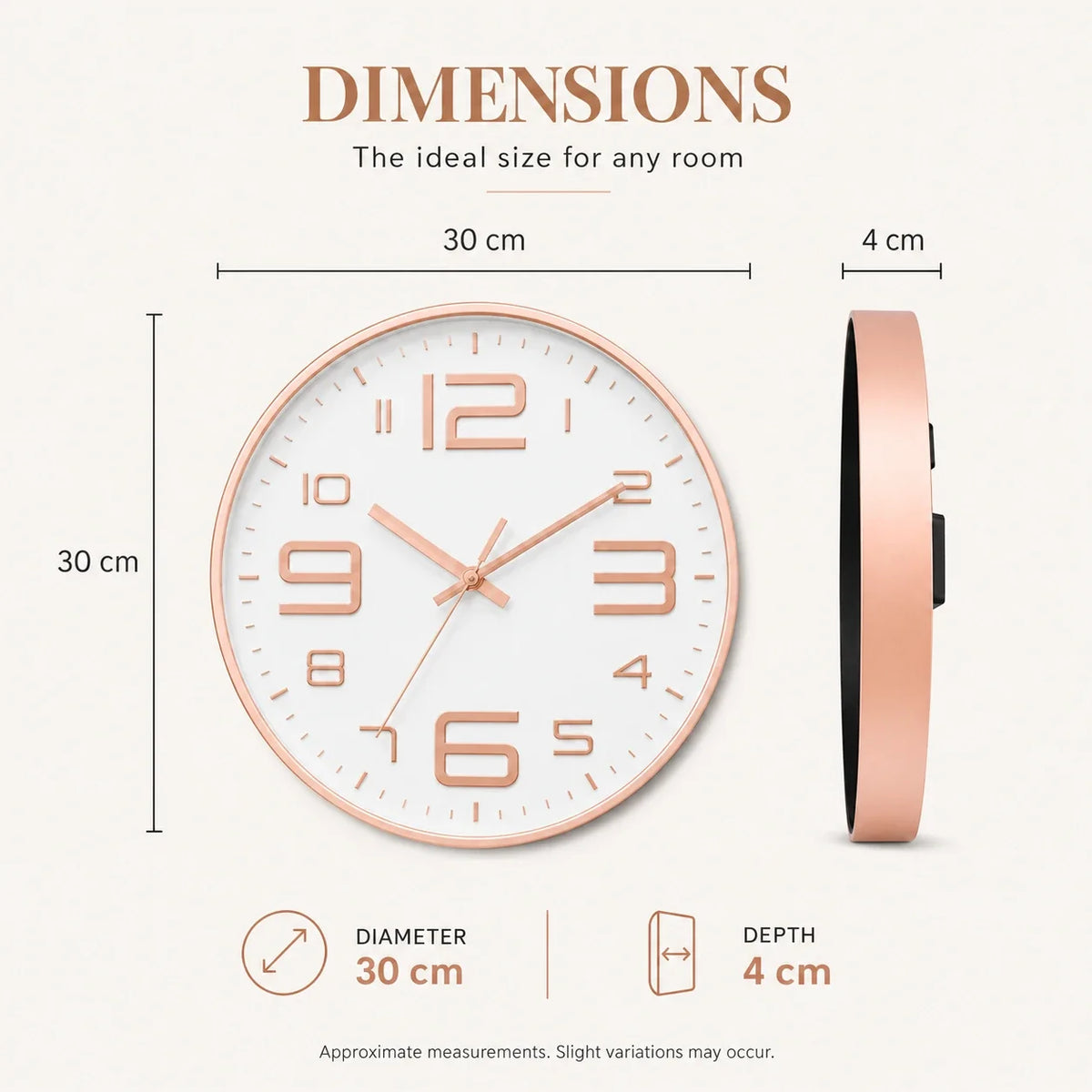 Aurelio Rose & White 30cm pink wall clock, size guide, 30 cm diameter
