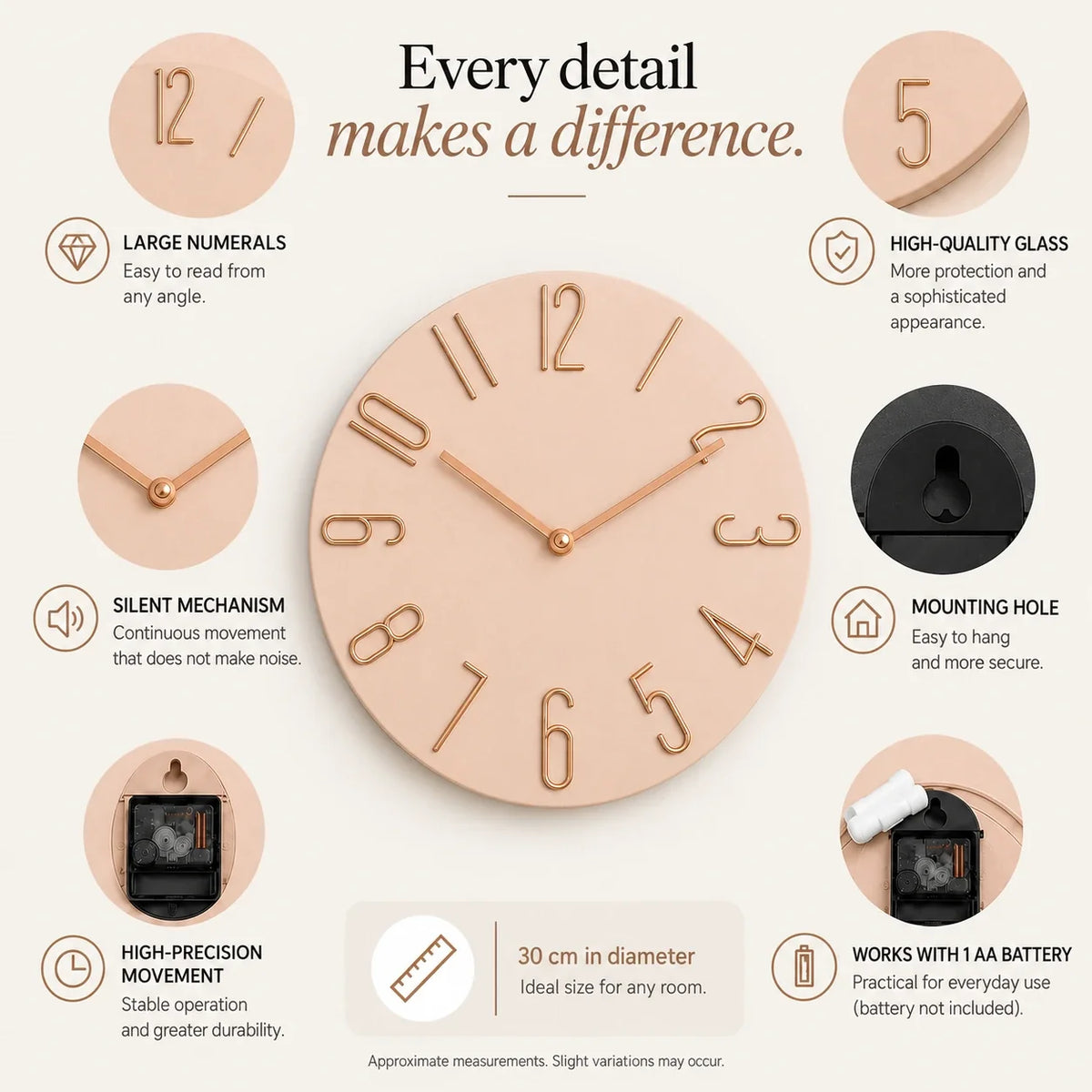 Bellagio Rose 30cm pink wall clock, features graphic: large numerals, silent movement, hanging hole and one AA battery
