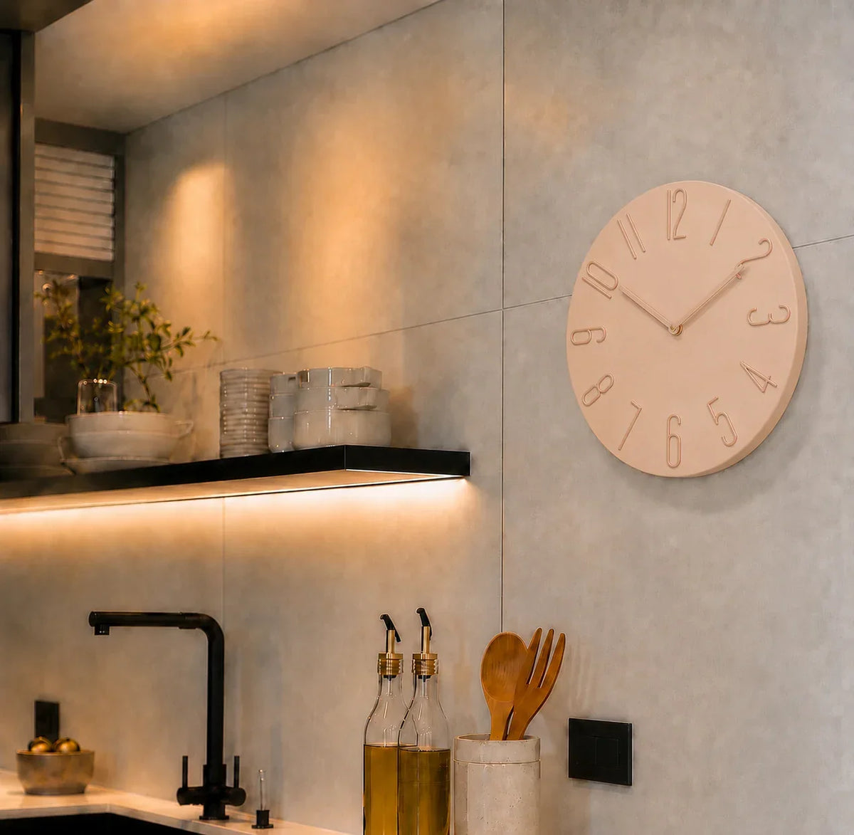 Bellagio Rose 30cm pink wall clock, in a kitchen