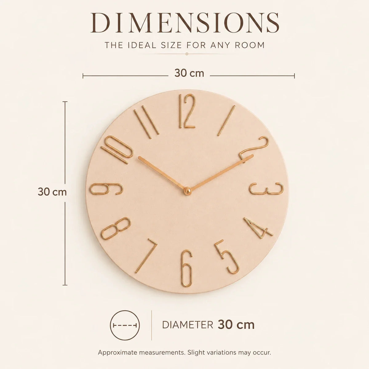 Bellagio Rose 30cm pink wall clock, size guide, 30 cm diameter