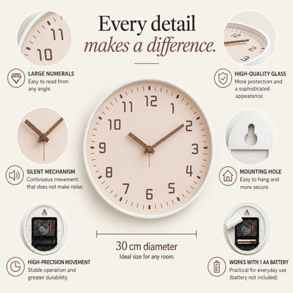 Verona Rose 30cm pink wall clock, features graphic: large numerals, silent movement, hanging hole and one AA battery