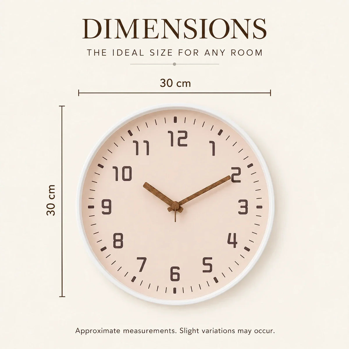 Verona Rose 30cm pink wall clock, size guide, 30 cm diameter