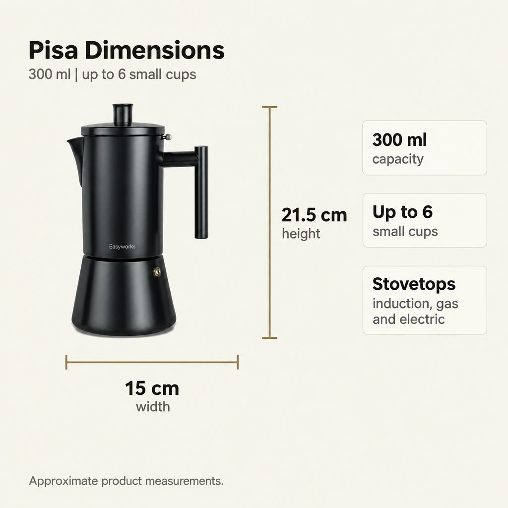 Pisa Induction Moka Pot – Black, 300 ml Stainless Steel – dimensions and specifications