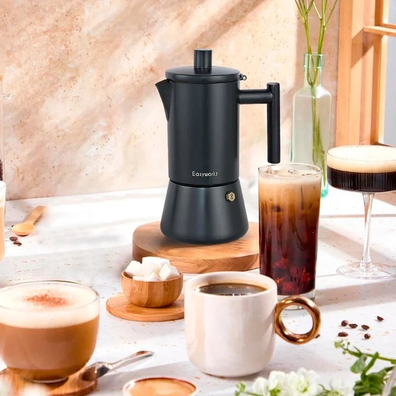 Pisa Induction Moka Pot – Black, 300 ml Stainless Steel – in a lifestyle setting