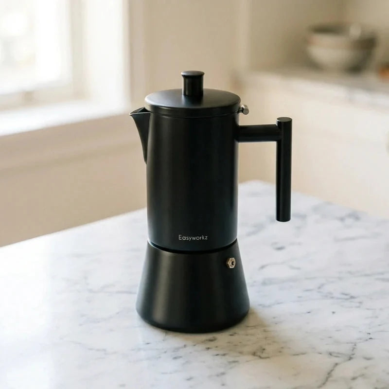 Pisa Induction Moka Pot – Black, 300 ml Stainless Steel – in a lifestyle setting